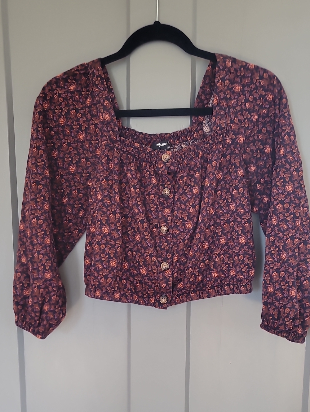 Madewell Burgundy Floral Button-Front Cropped Blouse